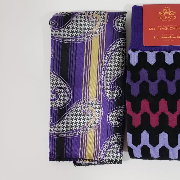 Robert Lewis Purple Necktie Hanky Socks Box 3 Set - Picture 3 of 7